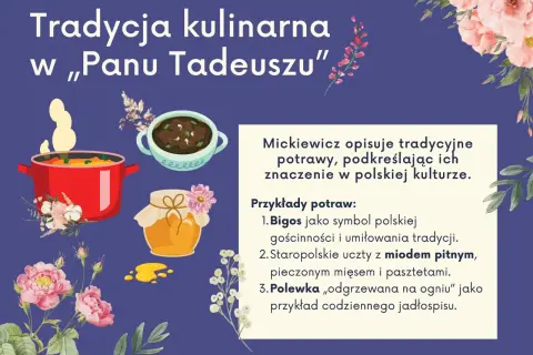 Ilustracja przedstawia garnek z gotującym się jedzeniem, miseczkę z potrawką i słoik miodu, otoczone kwiatami.
