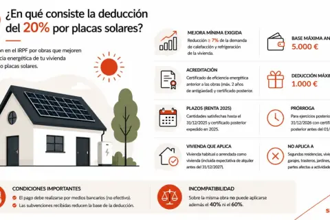 Una casa con placas solares, con información sobre la deducción del 20% en el IRPF. Si pongo placas solares, puedo obtener beneficios fiscales.