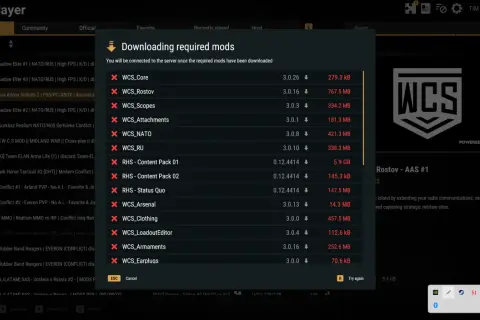 Okno gry Arma 3 z listą pobieranych modów i informacją o połączeniu z serwerem.