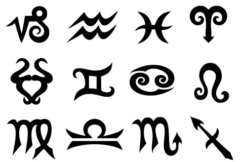 Czarno-białe symbole dwunastu znaków zodiaku ułożone w siatce 3x4.