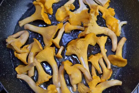 Setas de rebozuelo doradas y jugosas se cocinan en una sartén, listas para ser parte de un delicioso plato, como un champignon de Paris.