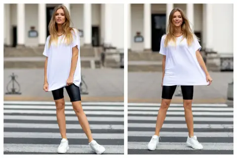 Modne kolarki stylizacje: biała oversize koszulka, czarne legginsy kolarki i białe sneakersy na pasach.