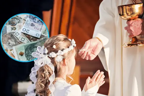Dziecko przyjmuje komunię, a obok widać stos pieniędzy. Zastanawiasz się, ile daje się na komunię?