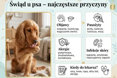 Pies z powodu świądu intensywnie liże łapę. Obok objawy, przyczyny (pasożyty, alergie, infekcje skóry) i kiedy do lekarza.