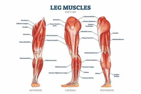 Illustrazione anatomica dei muscoli della gamba sinistra, vista anteriore, laterale e posteriore, con etichette che indicano i vari muscoli.