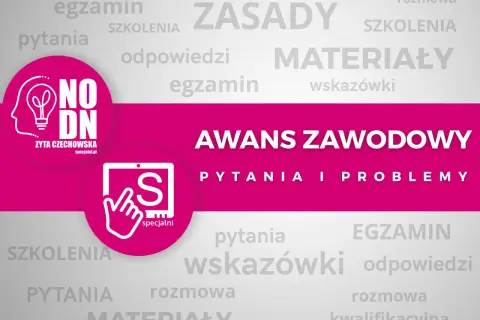 Grafika z napisem "AWANS ZAWODOWY", ikoną żarówki i dłonią wskazującą na tablet.