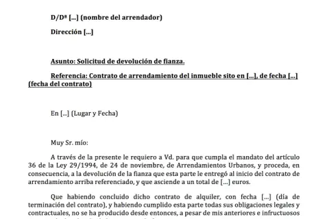 Solicitud de devolución de fianza de alquiler. El documento detalla la referencia del contrato y la petición formal para el retorno del depósito.