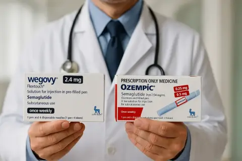 Lekarz prezentuje opakowania leków Wegovy i Ozempic, zawierających semaglutyd. Cena glp 1 może być różna w zależności od dawki i opakowania.