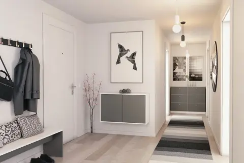 Moderne Garderobe Ideen: Hängende Kommode, Sitzbank, Mantel und Tasche an der Wand, Kunst und ein schmaler Teppich.