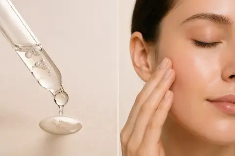 Goutte de sérum sur une pipette et femme appliquant un soin sur sa joue.