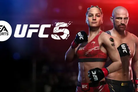 EA Sports UFC 5 na PC. Dwie postacie fighterów UFC, kobieta i mężczyzna, gotowi do walki.
