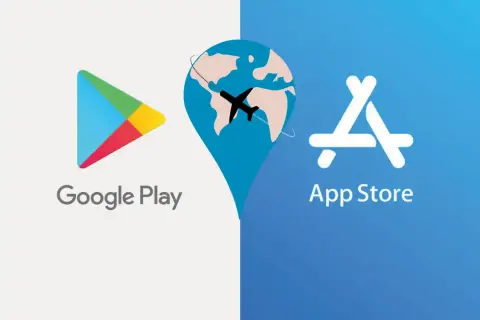 Logos de Google Play y App Store, con un globo terráqueo y avión, representando aplicaciones de viajes.