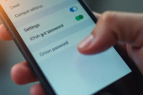 Palec dotyka ekranu telefonu, wybierając opcję "Orion pasword". Dowiedz się, jak zmienić hasło w telefonie, aby zwiększyć bezpieczeństwo.