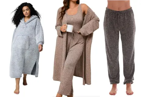 Trzy zestawy odzieży domowej plus size: szary szlafrok z kapturem, beżowy komplet z kardiganem i szare spodnie dresowe.