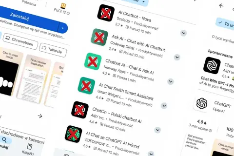 Szukaj aplikacji ChatGPT w sklepie. Widzisz oficjalną aplikację OpenAI i inne podobne.