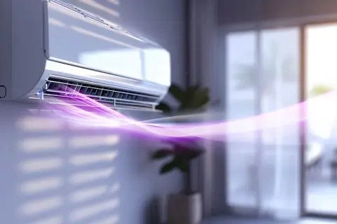 Moderne Klimaanlage zum Heizen mit lila Luftstrom, der sich im Raum ausbreitet.