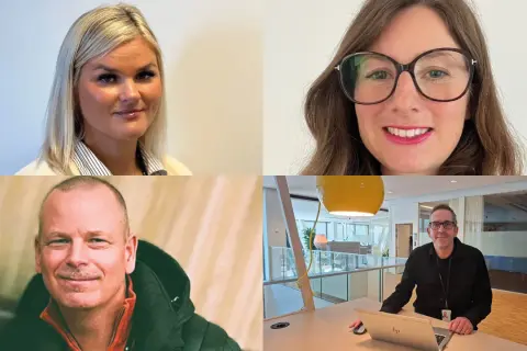 Fyra personer, två kvinnor och två män, porträtterade i en collage. De arbetar på en hållbar arbetsplats.