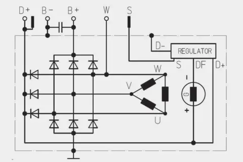Schemat elektryczny alternatora Bosch z diodami, regulatorem i uzwojeniem trójkątnym.