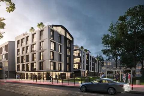 Nowoczesne apartamenty w Krakowie, z tramwajem i samochodem w ruchu. Ceny mieszkań w krakowie mogą być wysokie, ale warto zainwestować w taką lokalizację.