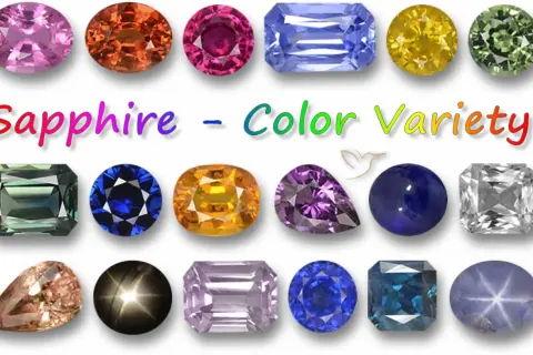 Variedad de colores de zafiro, incluyendo un zafiro estrella y gemas de tonos rosados, naranjas, morados, azules, amarillos, verdes y blancos.