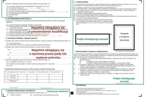 Wniosek o wydanie wtórnika prawa jazdy lub wymianę dokumentu. Dołączona fotografia 3,5 x 4,5 cm.