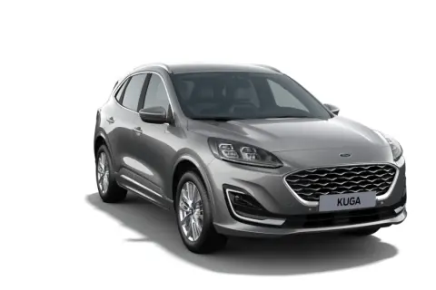 Szary Ford Kuga Vignale z przodu, na białym tle.