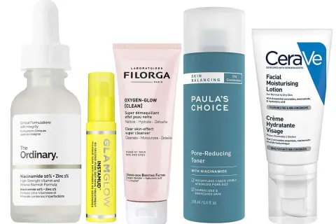 Prodotti skincare con niacinamide: The Ordinary, Paula's Choice e CeraVe, per migliorare gli effetti sulla pelle.