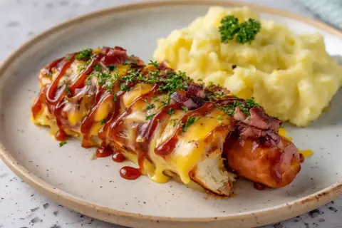 En saftig falukorv i airfryer, inlindad i ost och bacon, toppad med BBQ-sås och persilja. Serveras med krämigt potatismos.