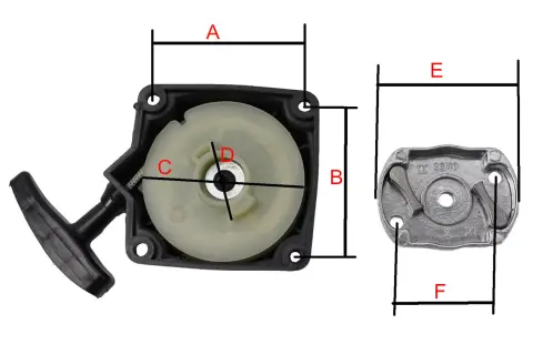 Szarpak do kosy spalinowej z uchwytem i mechanizmem zwrotnym. Wymiary części oznaczone literami A, B, C, D, E, F.