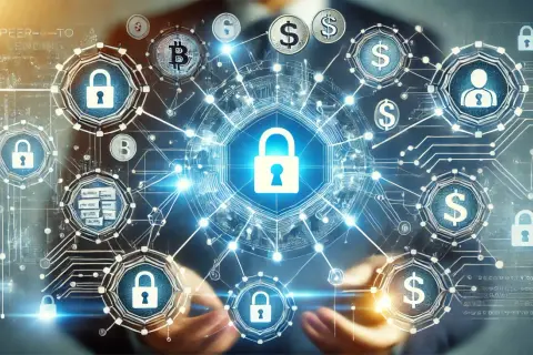 Sieć symboli blokad, dolarów i Bitcoinów otacza centralny zamek. To wizualizacja bezpiecznych, sprawdzonych pożyczek społecznościowych.