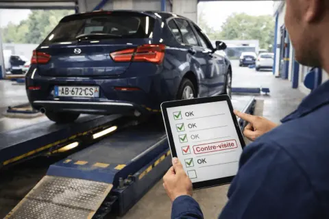 Un technicien vérifie une liste sur une tablette, avec une voiture sur un pont élévateur. La case "Contre-visite" est cochée.