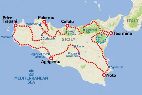 Mapa de Sicilia con ruta turística: Palermo, Cefalú, Taormina, Etna, Siracusa, Noto, Agrigento, Valle de los Templos, Marsala, Erice. ¡Ideal para visitar Sicilia!