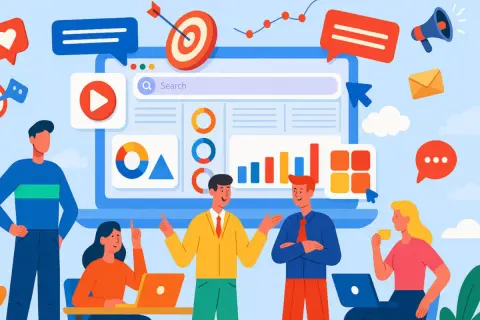 Equipo discutiendo diferentes tipos de agencias de marketing digital, con gráficos, un objetivo y un megáfono.