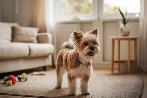 Perro pequeño y peludo, con pelaje marrón y blanco, parado en una alfombra. Parece que mi perro ladra mucho, ¡pero hoy está tranquilo!