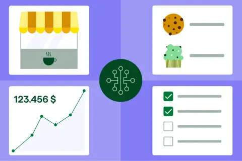 Mit KI einen businessplan erstellen: Café-Symbol, Kekse, Muffin, Finanzdiagramm und Checkliste.