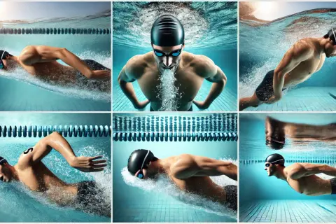Collage of swimmers in action, showcasing intense triathlon swim workouts. Underwater shots highlight powerful strokes and focused determination.