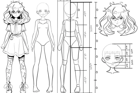 Zeichnungsvorlage: Anime-Figur mit Proportionen und Gesichtsaufteilung.