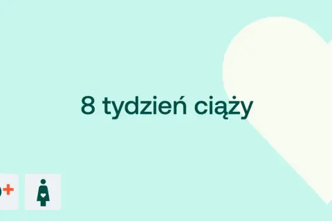 Grafika z napisem "8 tydzień ciąży" i ikonami D+ oraz kobiety w ciąży.