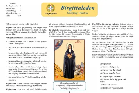 Bilden visar en illustration av den heliga Birgitta, med text om Birgittaleden, en pilgrimsväg.