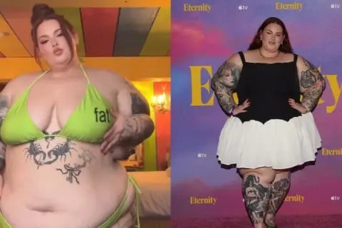 Modelka plus-size w bikini i w czarno-białej sukience na tle dywanu.