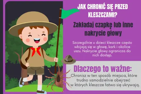 Dziecko w stroju harcerza, z flagą i wielkim kleszczem, uczy jak chronić się przed kleszczami, zakładając czapkę.