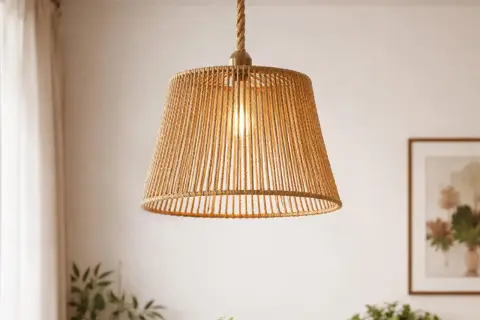 Lampa sufitowa z juty, tworząca przytulną atmosferę. Jej pleciony klosz rozprasza ciepłe światło, idealne do salonu.