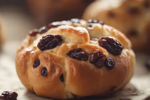 Puszyste bułeczki z rodzynkami, idealne jako baza do ciasta drożdżowego. Przepis na nadzienie kakaowe do ciasta drożdżowego czeka!