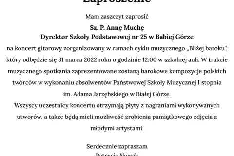 Zaproszenie na koncert gitarowy z barokowymi kompozycjami.