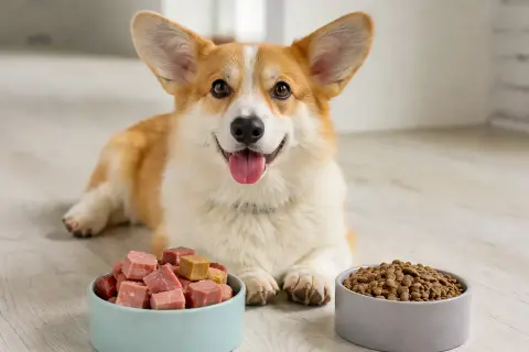 Glücklicher Corgi vor zwei Futterschalen: eine mit Würfeln für BARF, die andere mit Trockenfutter.