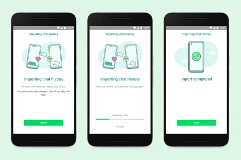 Ekran pokazuje, jak przenieść WhatsApp z Androida na iPhone. Proces importu historii czatów jest w toku.