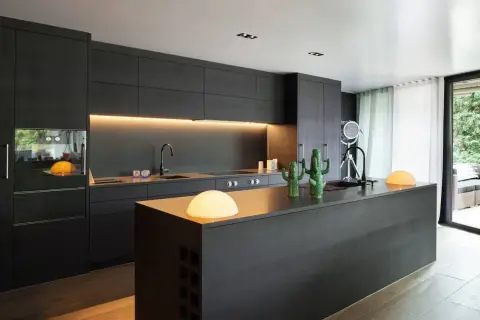 Elegantes cocinas negras con isla central, encimeras de cuarzo, dos cactus decorativos y lámparas modernas.