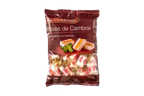 Bolsa de Bêtises de Cambrai, caramelos de menta con un toque de naranja, envueltos individualmente.