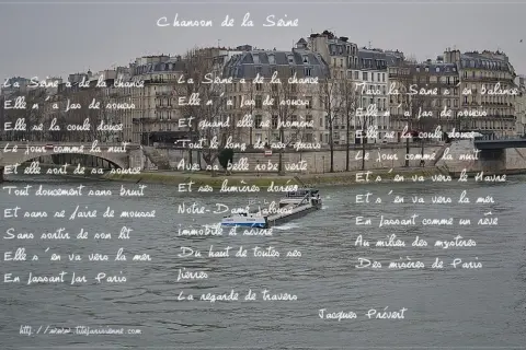Analyse de "Chanson de la Seine" par Jacques Prévert, avec des vers manuscrits sur une vue de Paris et de la Seine.