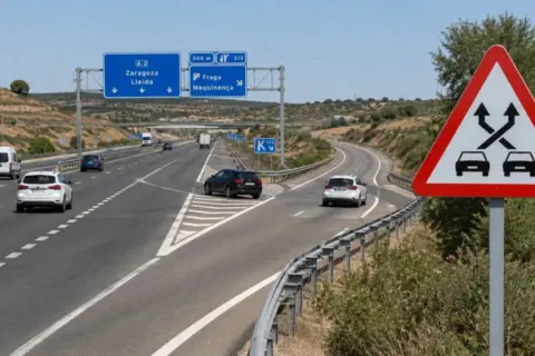 Señal de advertencia de tráfico cruzado, señal p35, en una autopista con varios coches circulando.
